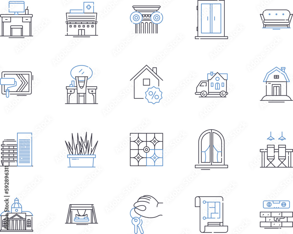 Interior design and renovation outline icons collection. Decorating, Furnishing, Upholstery, Wallcovering, Lighting, Refurbishment, Styling vector and illustration concept set. Space-planning