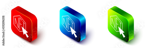 Isometric NFT Digital crypto art icon isolated on white background. Non fungible token. Red, blue and green square button. Vector