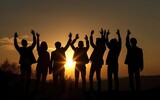 A group of successful young people hold hands at sunset, together they raise their upper hand. Successful team and team building concept. Generative ai