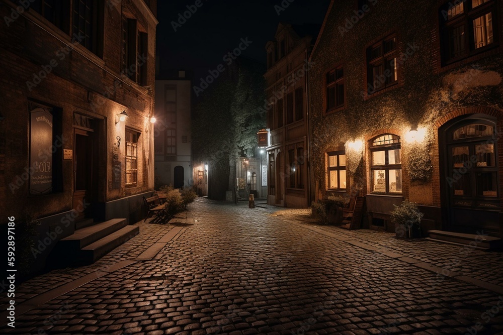 A cobbled street in the old-town of a city in Europe by night - generative ai