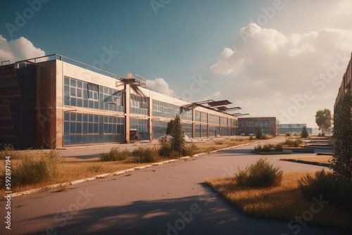 Industrial hangars. Manufacturer construction with sunny sky. Hangars of industrial buildings. Industrial area with similar hangars. Simple buildings on factory grounds. 3d rendering. Generative AI
