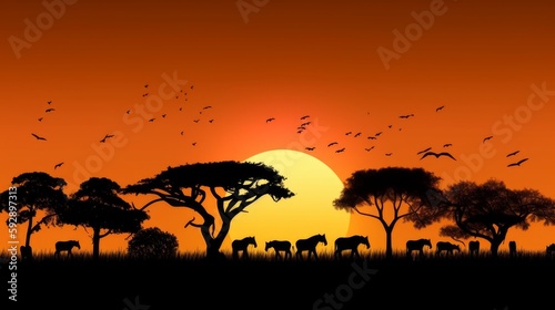 Silhouettes of african animals and acacia against an orange sunset. Generative AI