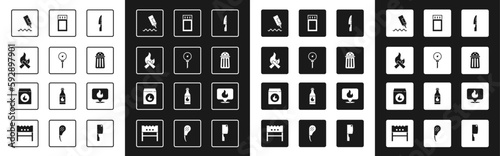 Set Barbecue knife, Kitchen thermometer, Campfire, Sauce bottle, Salt, Matchbox and matches, Location with flame and coal bag icon. Vector