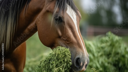 Horse eating green fodder in the farm. Generative AI