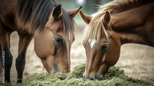 Horses eating green fodder in the farm. Generative AI