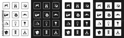 Set Eiffel tower, Perfume, Cheese, Wine glass, Croissant, Windmill, and Louvre pyramid icon. Vector