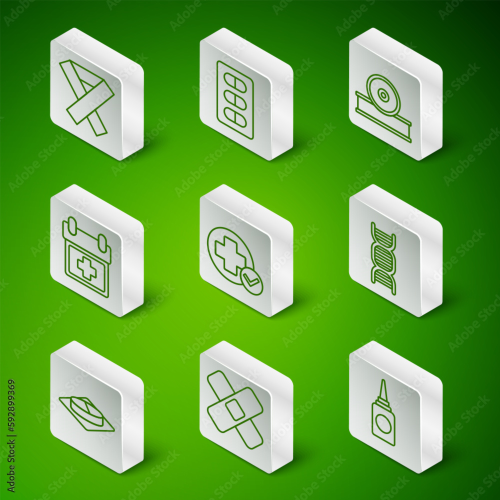 Set line Bottle nasal spray, Crossed bandage plaster, Awareness ribbon, hospital medical, Doctor appointment, Pills blister pack, Medicine pill tablet and DNA symbol icon. Vector Set line Bottle nasal spray, Crossed bandage plaster, Awareness ribbon, hospital medical, Doctor appointment, Pills blister pack, Medicine pill tablet and DNA symbol icon. Vector