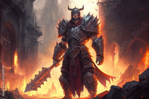 Demon knight in heavy armor, he is an armageddon knight with darkness in his heart, generative ai