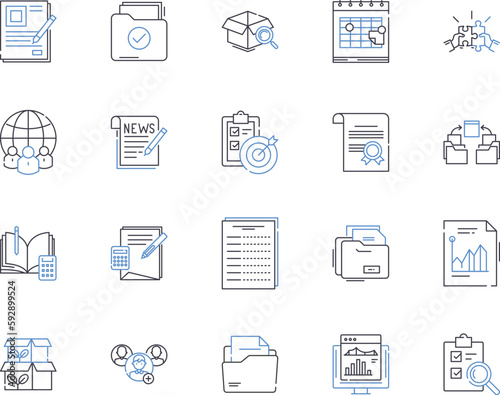Office documentation outline icons collection. Office, Documentation, Files, Paperwork, Records, Manuals, Guidelines vector and illustration concept set. Forms, Reports, Books linear signs
