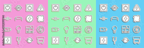 Set line Fuse, Electric plug, circuit scheme, light switch, Resistor electricity, and Lightning bolt icon. Vector