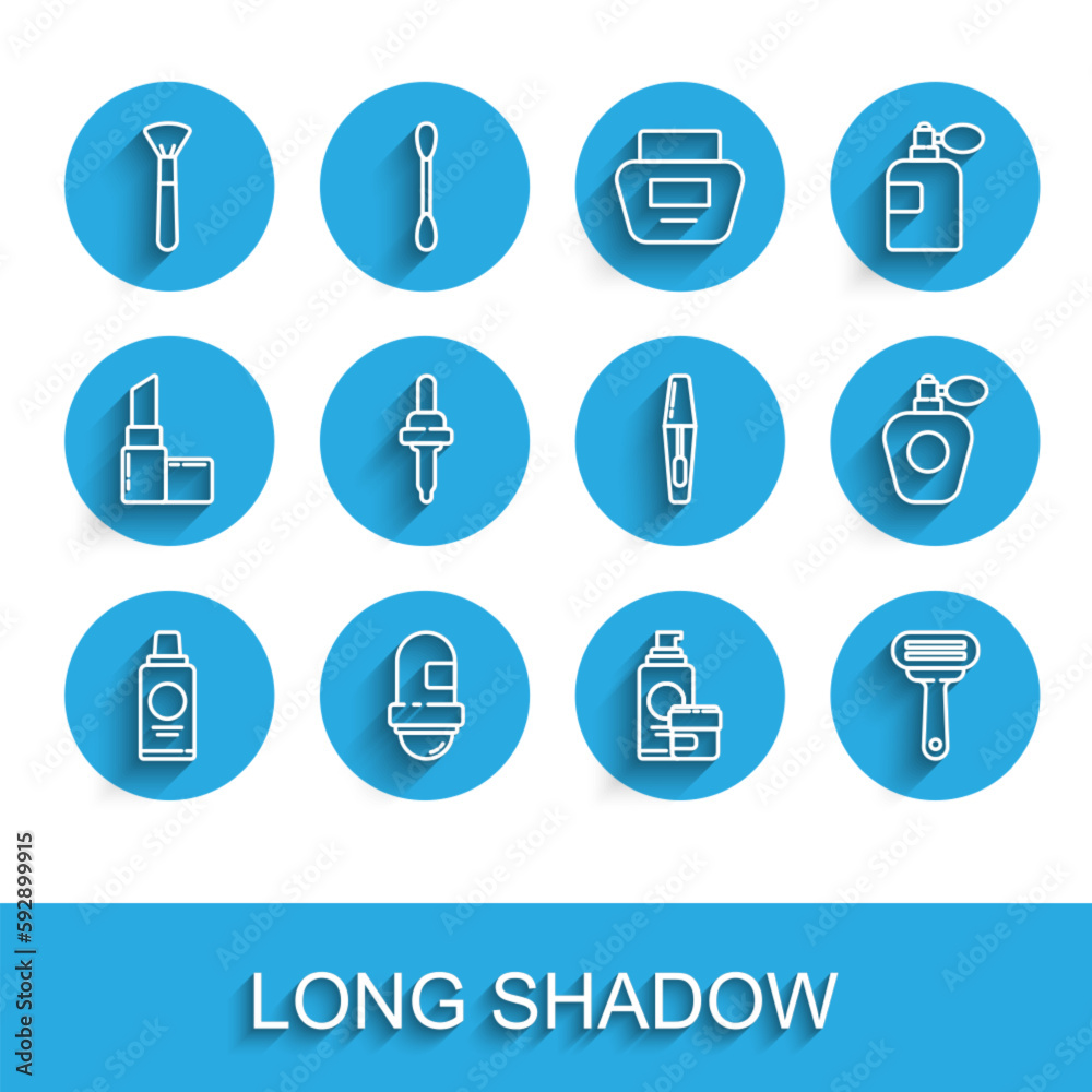Set line Bottle of shampoo, Antiperspirant deodorant roll, Makeup brush, Cream lotion cosmetic tube, Shaving razor, Pipette, Perfume and Mascara icon. Vector Set line Bottle of shampoo, Antiperspirant deodorant roll, Makeup brush, Cream lotion cosmetic tube, Shaving razor, Pipette, Perfume and Mascara icon. Vector