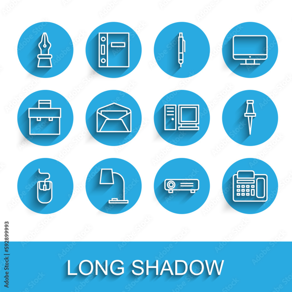 Set line Computer mouse, Table lamp, Fountain pen nib, Movie, film, media projector, Telephone, Envelope, Push pin and monitor icon. Vector Set line Computer mouse, Table lamp, Fountain pen nib, Movie, film, media projector, Telephone, Envelope, Push pin and monitor icon. Vector