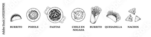 Set of Mexican cuisine dishes with names. Hand drawn vector illustration in sketch style. National ethnical food