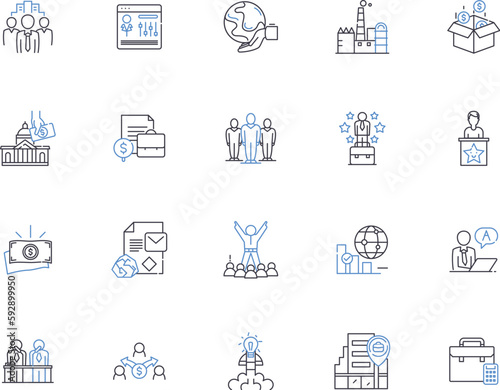 Global business outline icons collection. International, Commerce, Management, Economy, Intercontinental, Investment, Transnational vector and illustration concept set. Trade, Strategies, Cross-border