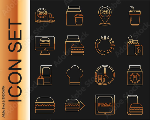 Set line Online ordering and delivery, Round the clock, burger, Fast by car and Food icon. Vector