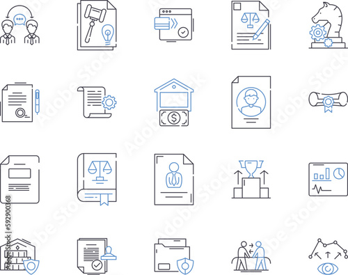 Legal management outline icons collection. Law, Management, Litigation, Compliance, Risk, Dispute, Regulations vector and illustration concept set. Solicitors, Hearings, Contracts linear signs