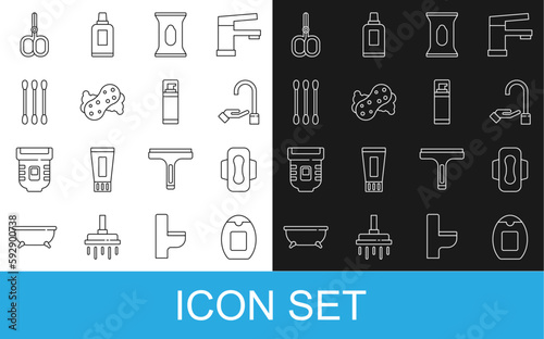 Set line Bottle of shampoo, Sanitary napkin, Washing hands with soap, Wet wipe pack, Sponge, Cotton swab for ears, Nail scissors and Shaving gel foam icon. Vector