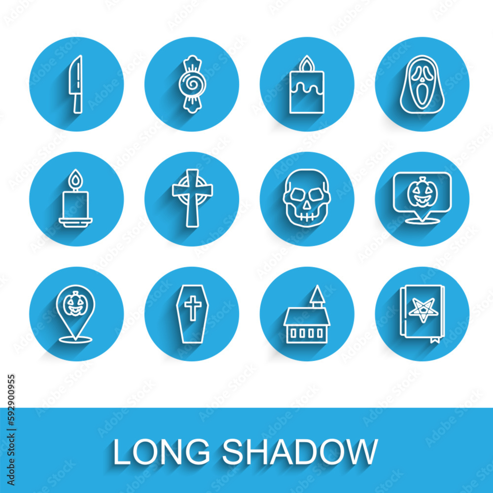 Set line Pumpkin, Coffin with cross, Knife, Castle, Ancient magic book, Tombstone, and Skull icon. Vector Set line Pumpkin, Coffin with cross, Knife, Castle, Ancient magic book, Tombstone, and Skull icon. Vector
