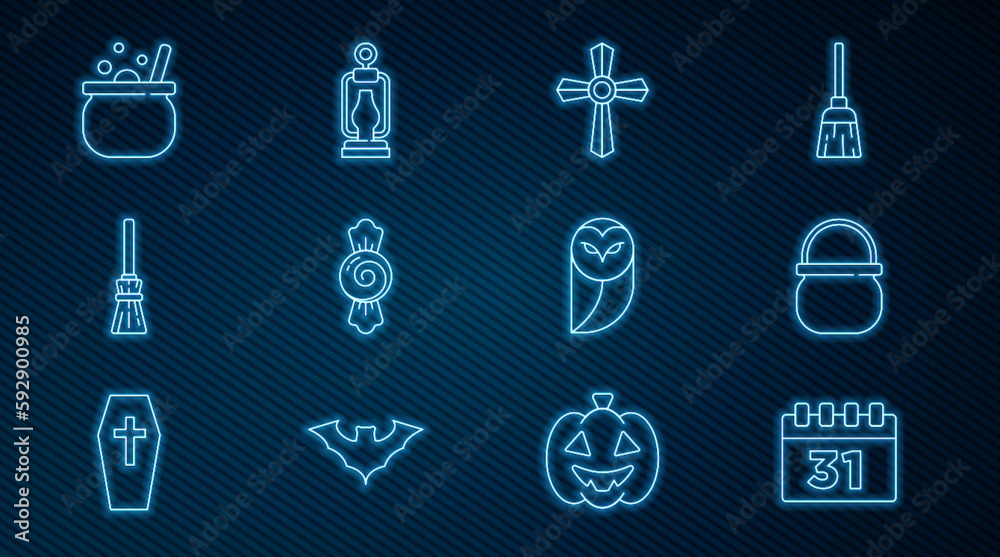 Set line Calendar with Halloween, witch cauldron, Tombstone cross, Candy, Witches broom, Owl and Camping lantern icon. Vector Set line Calendar with Halloween, witch cauldron, Tombstone cross, Candy, Witches broom, Owl and Camping lantern icon. Vector