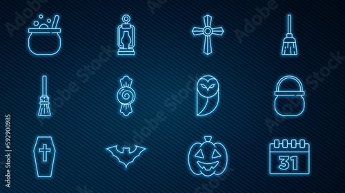 Set line Calendar with Halloween  witch cauldron  Tombstone cross  Candy  Witches broom  Owl and Camping lantern icon. Vector