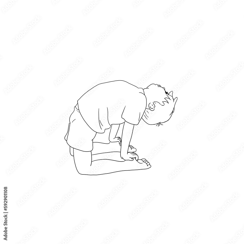 Fototapeta premium Kids Yoga Joga für Kinder, Asana Kamel, Freizeit, Hobby, Achtsamkeit. Junge barfuß in Yoga Haltung, macht fröhliches Gesicht, lächelt, ist entspannt, erholt sich. Ausmalbild schwarz weiß 