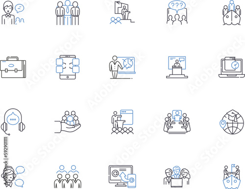 Teaching outline icons collection. Tutor, Instruct, Educate, Guide, Coach, Direct, Lecture vector and illustration concept set. Mentor, School, Teach linear signs