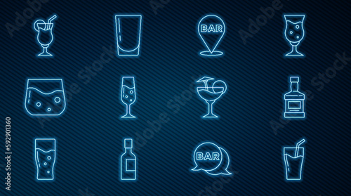 Set line Glass of juice  Whiskey bottle  Alcohol bar location  champagne  whiskey  Cocktail  and with water icon. Vector