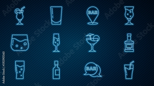 Set line Glass of juice, Whiskey bottle, Alcohol bar location, champagne, whiskey, Cocktail, and with water icon. Vector