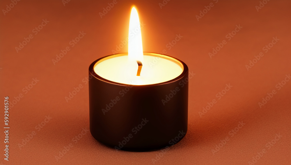 A burning candle on a brown table in a romantic setting. A burning romantic candle. International Candlelight Day. Generated AI. A burning candle on a brown table in a romantic setting. A burning romantic candle. International Candlelight Day. Generated AI.