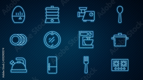 Set line Gas stove, Cooking pot, Kitchen meat grinder, Cutting board, Plate, timer, Electric mixer and Slow cooker icon. Vector