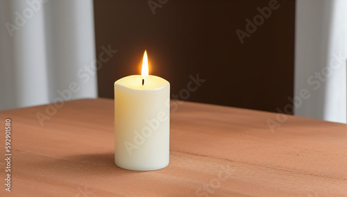 A burning white candle on a wooden table. A burning romantic candle. International Candlelight Day. Generated AI.
