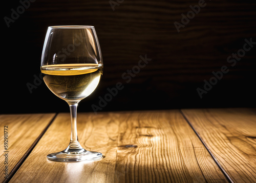 Wineglass of white wine on a wooden table in a restaurant