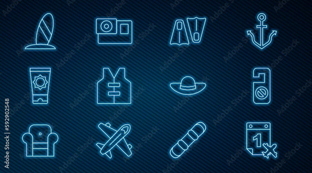 Set line Calendar and airplane, Please do not disturb, Rubber flippers for swimming, Life jacket, Sunscreen cream tube, Surfboard, Elegant women hat and Action camera icon. Vector Set line Calendar and airplane, Please do not disturb, Rubber flippers for swimming, Life jacket, Sunscreen cream tube, Surfboard, Elegant women hat and Action camera icon. Vector