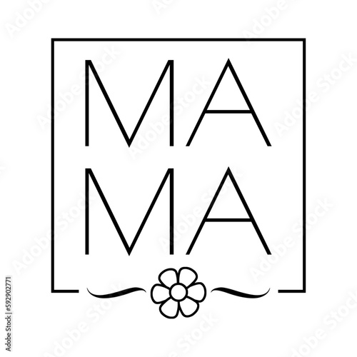 Día de la Madre. Logo con letras palabra mamá en texto manuscrito con silueta de flor en cuadrado lineal para su uso en felicitaciones y tarjetas