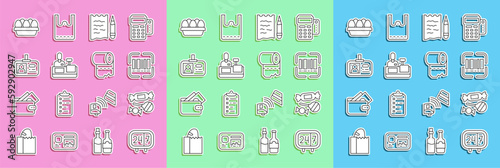Set line Clock 24 hours, Candy, Scanner scanning bar code, Shopping list pencil, Cashier at cash register, Identification badge, Chicken egg box and Toilet paper roll icon. Vector