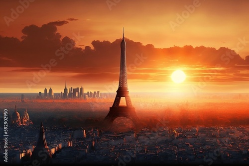 Obraz na plátně Panoramic View of Paris Skyline at Sunset with Eiffel Tower. AI