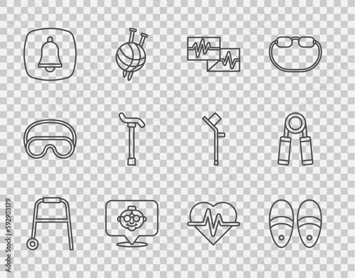 Set line Walker, Slippers, Monitor with cardiogram, Grandmother, Emergency phone call, Walking stick cane, Heart rate and Sport expander icon. Vector
