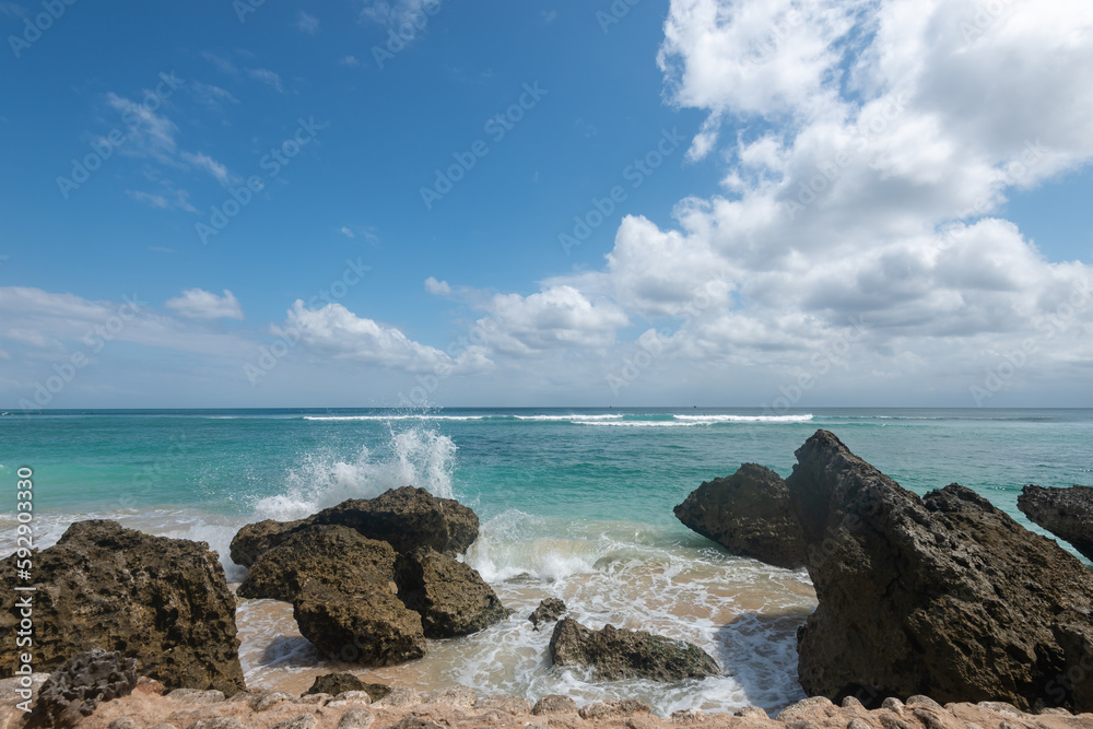 Panoramic view of the beach. The sea wave rolls on the shore. Panoramic view of the beach. The sea wave rolls on the shore.