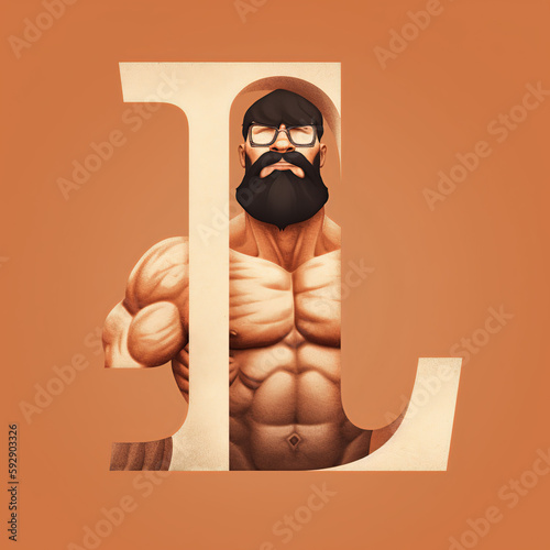 muscle, gym, alphabet, A, B, C, D, F, G, H, J, K, L, M, N, P, Q, R, S, T, V, X, Z, comic, 3d, hulk,  character, retro, football, worker, hero, player, strong, people, muscular, generative ai photo