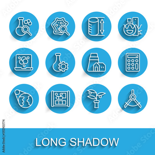 Set line Earth globe, Graphing paper for engineering, Test tube, Plant breeding, Drawing compass, Calculator and Power station plant icon. Vector