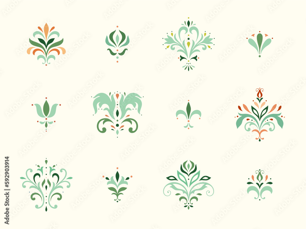 Damask graphic elements. Oriental floral ornament. Imperial rococo, baroque and royal victorian designs. For seamless patterns, wrapping paper, wallpaper, wedding invitations, textile, t-shirt prints. - obrazy, fototapety, plakaty 
