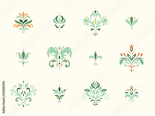 Damask graphic elements. Oriental floral ornament. Imperial rococo, baroque and royal victorian designs. For seamless patterns, wrapping paper, wallpaper, wedding invitations, textile, t-shirt prints.