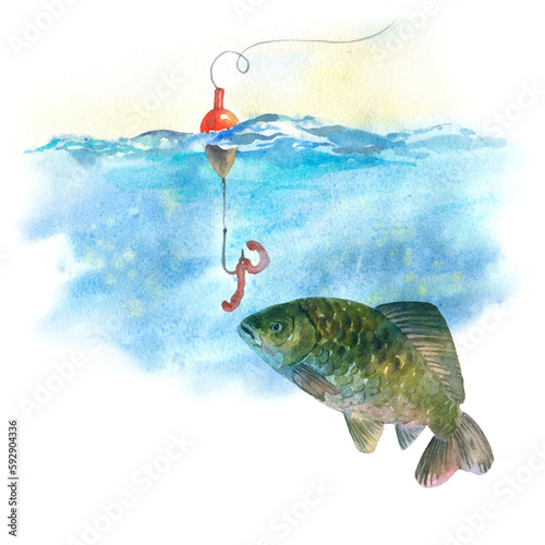 Canvas Print watercolor illustration, Carp, carp swims up to a fishing hook with bait underwater, isolated on a white background