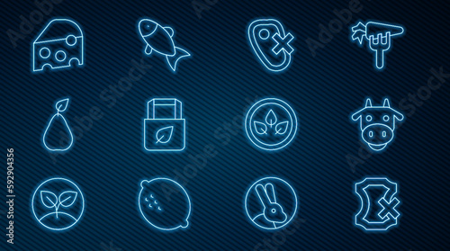 Set line No leather, Cow head, meat, Shopping bag with recycle, Pear, Cheese, Vegan food diet and Fish icon. Vector