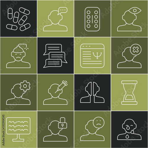 Set line Tear cry eye, Old hourglass, Solution problem in psychology, Sedative pills, Online psychological counseling, Concussion, headache, Medicine or tablet and icon. Vector