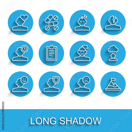 Set line Good mood, Psychology, Broken heart or divorce, Sad and depressed man, bad, Mountains with flag on top, Psychological test, Depression frustration and Concussion, headache icon. Vector