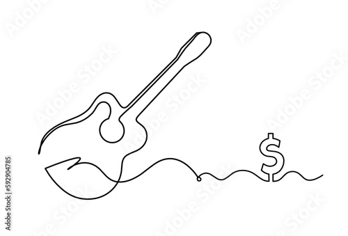 Abstract guitar with dollar as continuous lines drawing on white background