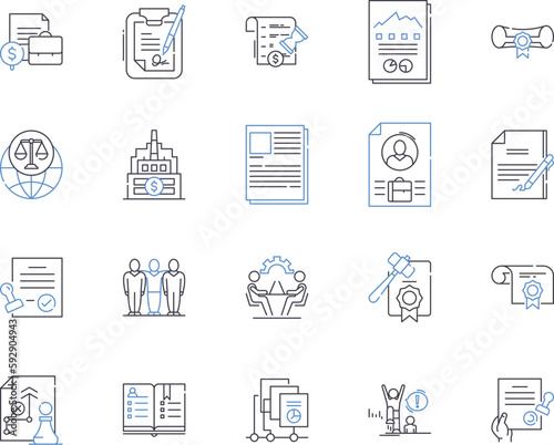 International law outline icons collection. International, law, treaties, sovereignty, nationality, jurisdiction, boundaries vector and illustration concept set. trade, maritime, arbitration linear