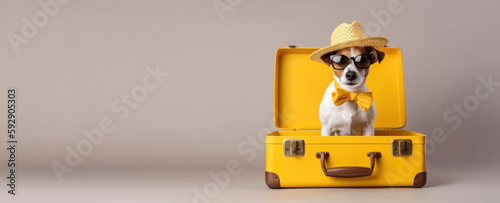 Happy dog wearing sunglasses and hat is going on a summer trip sitting in a suitcase. Vacations, travel, summer fun concept. Created using generative AI tools
