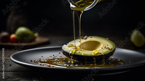 Halbierte Avocado auf einem Teller vor schwarzem Hintergrund, mit Olivenöl garniert- with Generative Al technology